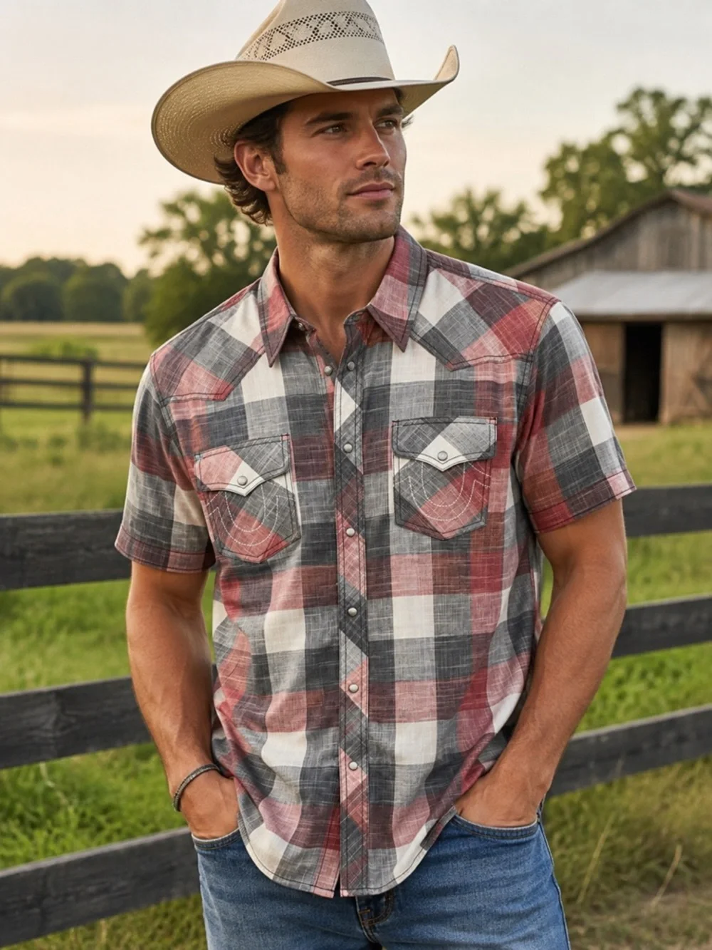 True Religion Mens XL Western Pearl Snap Plaid Shirt Cowboy